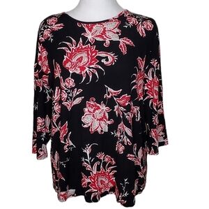 J. Jill Wearever Collection Top, Red/Black Floral Pattern, 3/4 Length Sleeves Lg